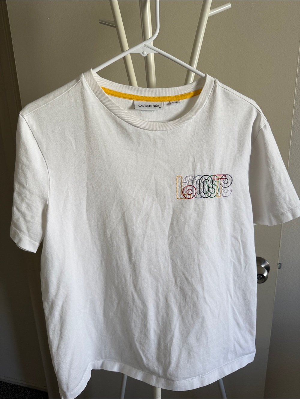 Lacoste White Tee with Multicolor Embroidered Logo